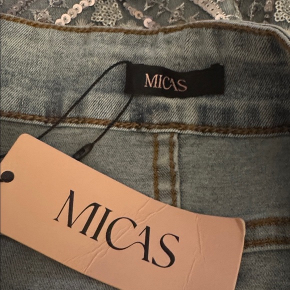 Sequin Fringe Hem Denim Mini Skirt Size L MICAS Jeans Concert Party Silver Blue - Picture 10 of 10